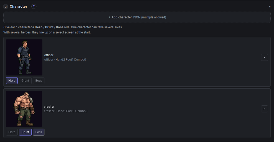 Characters section — officer as hero, crasher as grunt and boss
