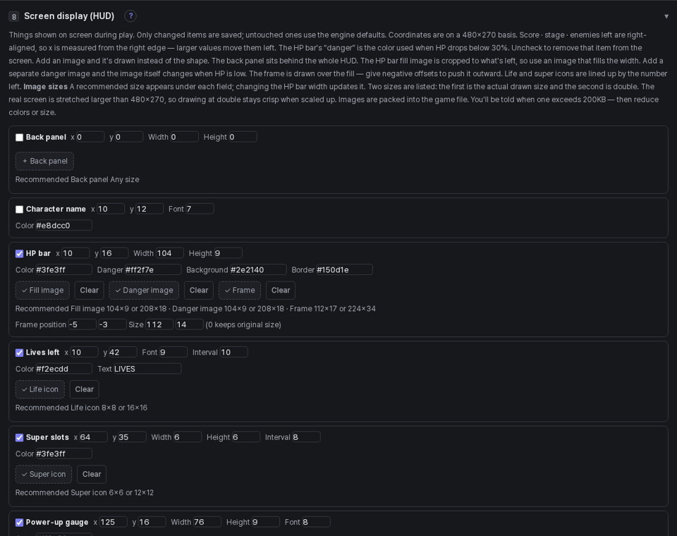 Game Forge screen display section — position, size, color, image per element